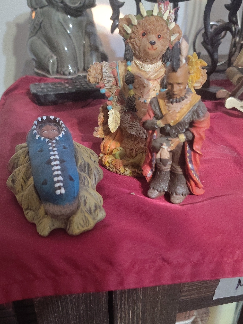 Trio of Decorative Native & Bear Figurines - Earth Tones with Blue Accent